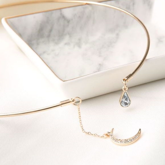Elegant Gold Tone Blue Teardrop and Crescent Moon Open Front Necklace/Choker - Picture 2 of 7
